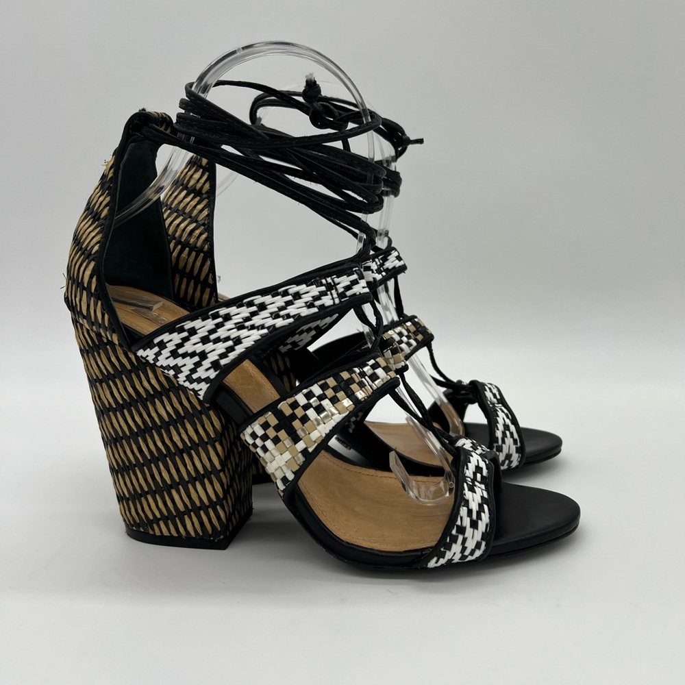 Schutz Woven Raffia Block Heel Lace-Up Strappy Sandals Black/White Sz 7 - Picture 7 of 16